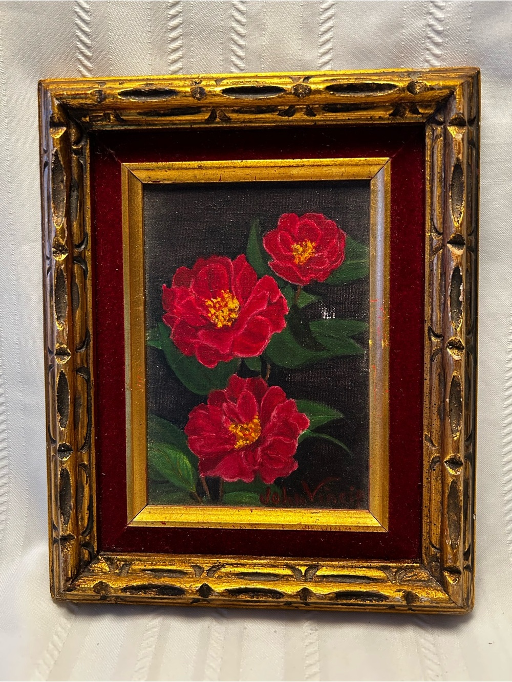 Vintage Hand-Painted Canvas Red Yellow Floral Green Leaves Black Gold Frame Art